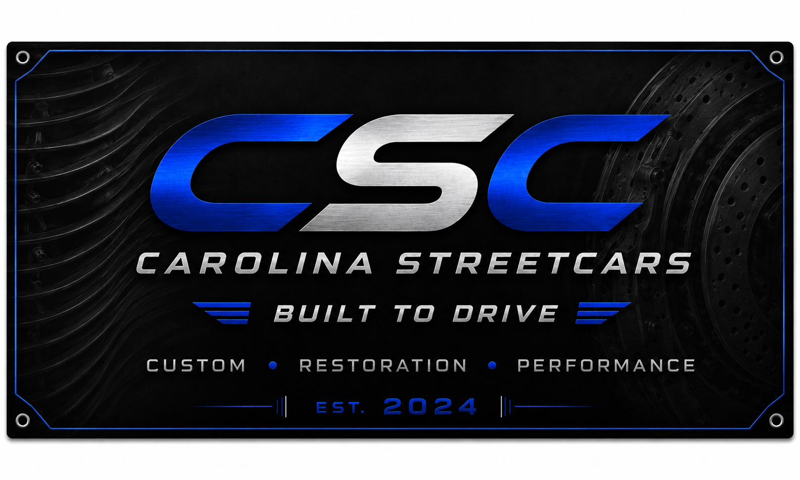 Official Carolina Streetcars logo: Built to Drive. Custom, Restoration, Performance. Established 2024.